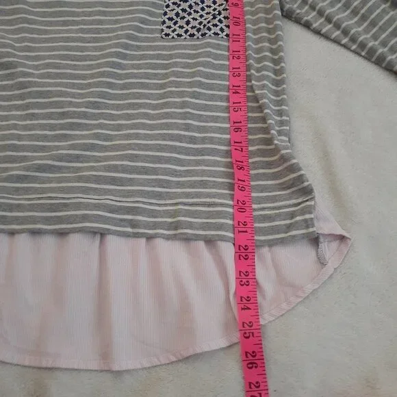 Anthropologie Little Yellow Button Women's Size M Gray Stripe Mixed Media Shirt - Picture 13 of 14